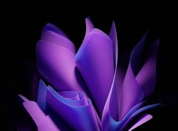 Abstrakter Hintergrund Mit Violettem Stoff, Gefaltet In Form Einer Blume. Moderne Tapete Mit Blauen Schichten Und Falten Einzeln Auf Dunkelschwarzem Hintergrund. Mehrschichteffekt, 3D-Rendering-Illustration