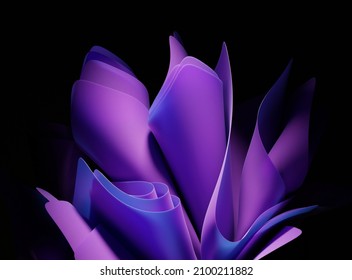 Abstract background with purple layered fabric, folded in shape flower. Modern wallpaper with blue layers and folds isolated on dark black backdrop. Multilayer effect, 3d render illustration