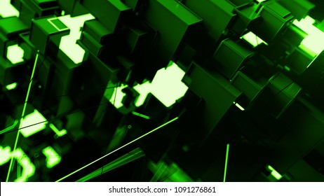 Abstract background with random square and rectangular shapes. Connection concept. Bright segment. Detail 3d render with depth of field.