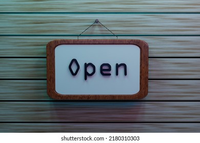 abstract background. rectangular white sign in a wooden frame with the inscription open. the sign hangs on a nail on a wooden wall. 3d render. 3d illustration