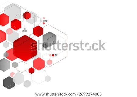 Abstract background with red and gray hexagons connected by thin lines on a white surface