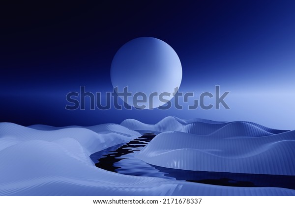Abstract background Scene for product and\
packaging presentation, hills and river on night background with\
blue cold planet, dark, glowing, 3D\
rendering.