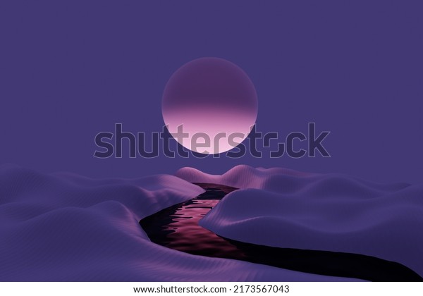 Abstract background Scene for product and\
packaging presentation, hills and river against sunset night with\
purple planet, dark, glowing, 3D\
rendering.