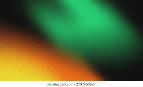 Abstract background of smooth gradient between green, orange and yellow textured with grainy grains