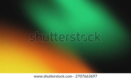 Abstract background of smooth gradient between green, orange and yellow textured with grainy grains