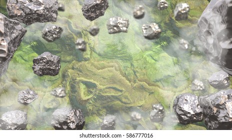 Abstract background in the space with silver asteroids over earth. Copyspace empthy area. Can be used as a decorative greeting grungy or postcard framing for your design or text . 3d illustration