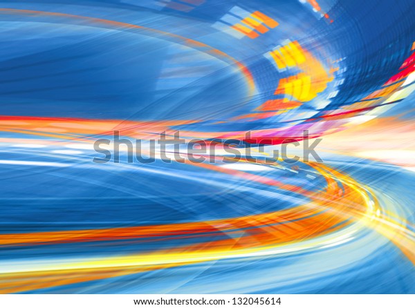Abstract background, speed motion in urban\
highway road tunnel, blurred motion toward the light. Computer\
generated blue futuristic\
illustration.