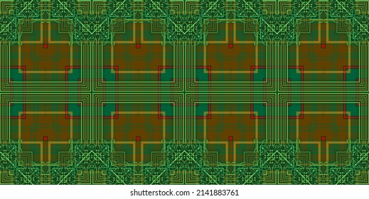 Abstract background with symmetrical patterns in green colors. Can be used for prints on fabrics and clothes, in the interior. 