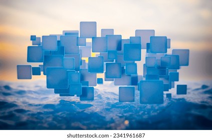 Abstract background, technology concept, 3D rendering, flying blue squares above water, glass material