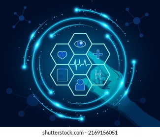 Abstract background technology concept in blue ,hands out, finger touches, select health icons ,technology modern medical science in futures