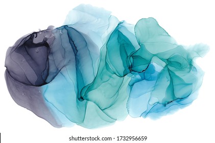 Abstract background texture with alcohol ink blob isolated on white. Watercolor spot smoke background. Colorful stains, splashes, droplets, smudges in grunge style. Blue and green