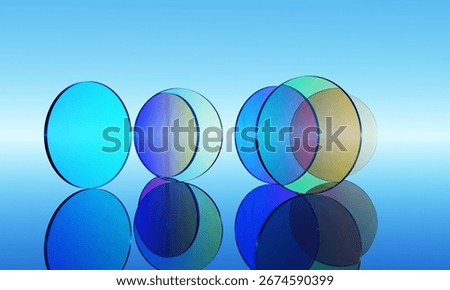 Abstract background with transparent glass gradient disks and glass morphism effect. Geometric tech design. Rainbow round glass element. 3D rendering.