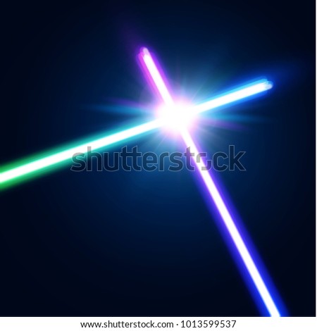Abstract background with two crossed light neon swords fight. Glowing rays in space. Crossing laser sabers war. Club logo or emblem. Battle with star, flash and particles. Colorful illustration