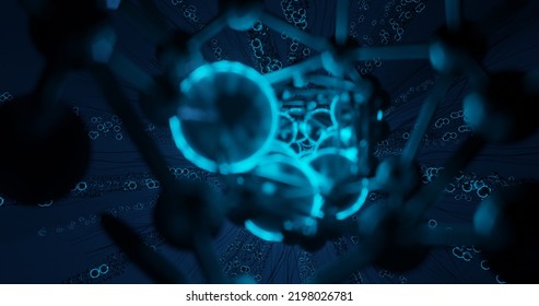 Abstract Background Using Bright Blue Molecular Pattern In Front With Blur Effect And Small Molecules Behind It, 3d Rendering And 4K Size