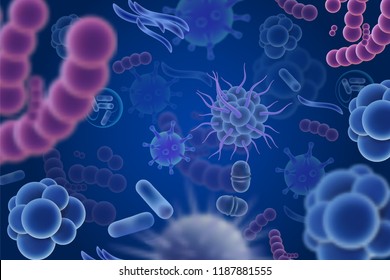Abstract background with various color and shape microscopic viruses, bacteria and microbes. realistic illustration.
