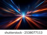 Abstract background with vibrant, blurred, light streaks of red, orange, and blue converging in the center.