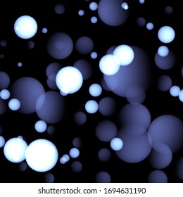 

abstract background of violet and white translucent spheres on black background