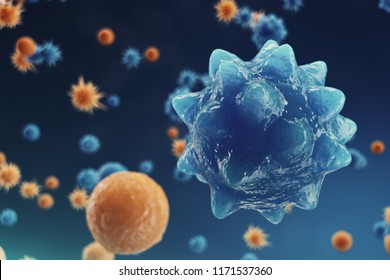 Abstract background virus. The concept of science and medicine, reducing immunity in the body. Influenza virus, hepatitis virus, cells that infect the living organism, 3d illustration