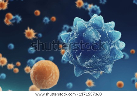 Abstract background virus. The concept of science and medicine, reducing immunity in the body. Influenza virus, hepatitis virus, cells that infect the living organism, 3d illustration