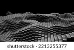 Abstract background with waves made of a lot of dark metallic silver cubes geometry primitive forms that goes up and down under black-white lighting. 3D illustration. 3D CG. High resolution.