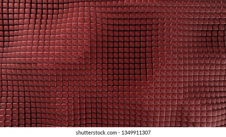 Abstract background with waves made of a lot of red roasted metallic cubes geometry primitive forms that goes up and down. 3D illustration. 3D CG. High resolution.