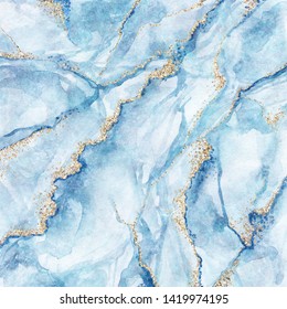 fundo abstrato, mármore azul branco com veias de glitter de ouro, textura de pedra falsa, superfície marmorizada artificial pintada, ilustração de marmoreio de moda