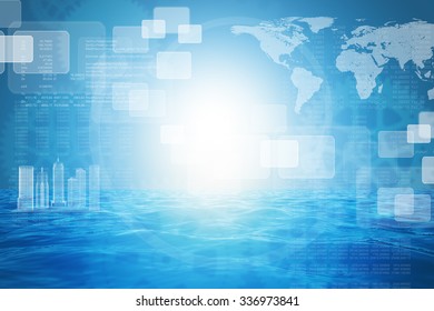 Abstract background with world map and 3d model city