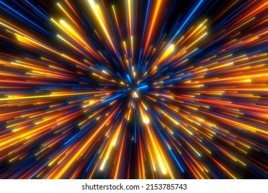 Abstract background in yellow and blue neon glow colors. Speed of light in galaxy. Explosion in universe. Cosmic background for event, party, carnival, celebration, anniversary or other. 3D rendering.