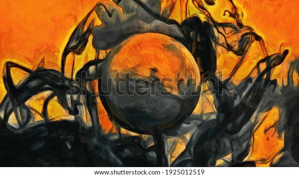 Abstract ball surrounded by black smoke. Fiery background. Artistic work