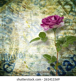 Abstract Beautiful Background In The Style Of Mixed Media With Floral Ornament, Words And  Figures