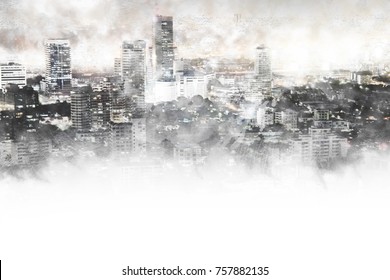 Abstract beautiful Building in capital on watercolor painting background. City on Digital illustration brush to art.