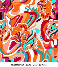 Abstract beautiful decoration of curved lines and floral element ornament seamless pattern illustration. Colorful decoration orange and shades effect background.