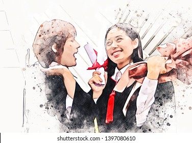 Abstract Beautiful Girl Students Graduation On Watercolor Illustration Painting Background.