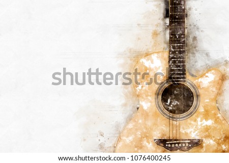 Abstract beautiful Guitar in the foreground on Watercolor painting background and Digital illustration brush to art.