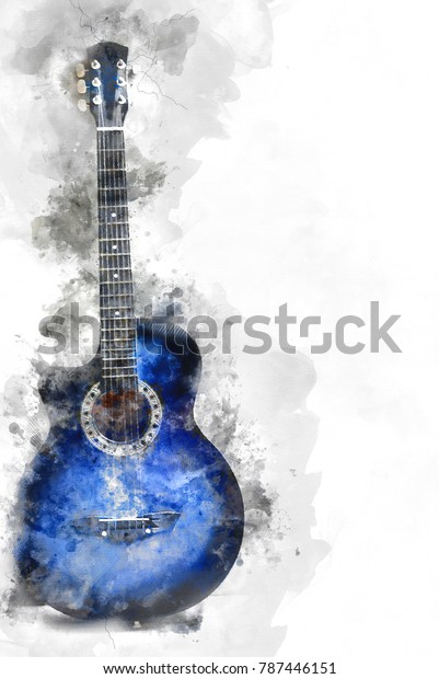 Abstract\
beautiful Guitar in the foreground, Watercolor painting background\
and Digital illustration brush to\
art.\
