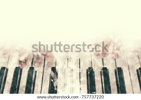 Abstract beautiful hand playing keyboard of the piano foreground Watercolor painting background and Digital illustration brush to art.