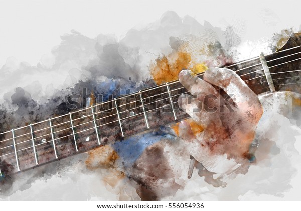 man playing acoustic guitar on Watercolor painting background and Digital abstract wall mural. 