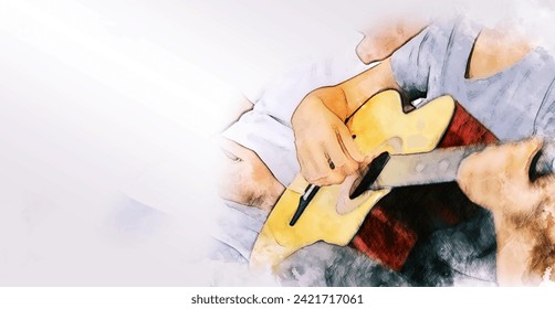 Abstract beautiful playing Guitar in the foreground on Watercolor painting background and Digital illustration brush to art. - Powered by Shutterstock