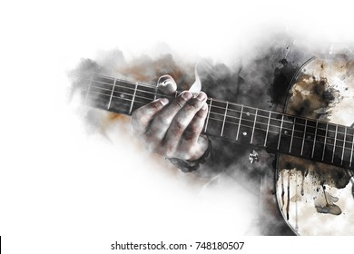 Abstract beautiful playing Guitar in the foreground on Watercolor painting background and Digital illustration brush to art.
