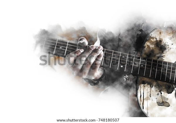 Abstract beautiful playing Guitar in the foreground\
on Watercolor painting background and Digital illustration brush to\
art.