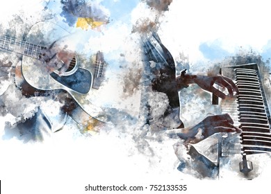 Abstract beautiful playing Guitar and piano in the foreground on Watercolor painting background and Digital illustration brush to art. - Powered by Shutterstock