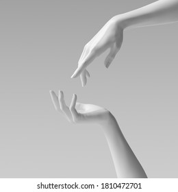 Abstract beautiful woman's hand sculpture isolated on yellow background. Palm up showing and presenting female art creative concept banner, mannequin arm 3d rendering