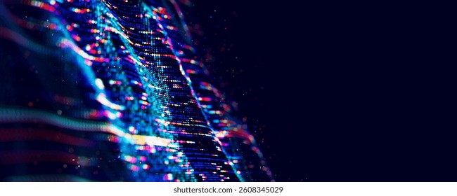 Abstract Big data digital stream waves. Information flow concept. LLM learning process, AI technology. Quantum computing. . 3D Illustration