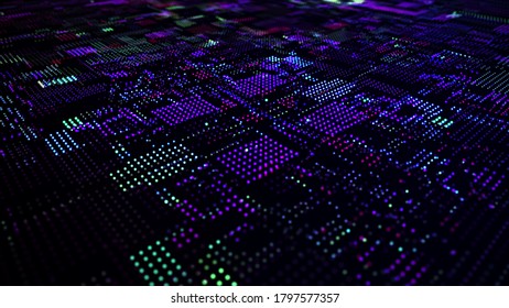 Abstract Big Data technology background. Microchip and computer parts. Points polygons. 3d rendering