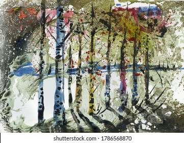 Abstract Birch Forest. Watercolor Drawing For Design.