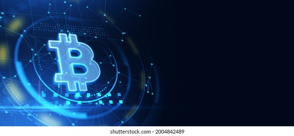 Abstract Bitcoin Interface In Blue Background With Mockup Place. Cryptocurrency And Finance Concept. 3D Rendering