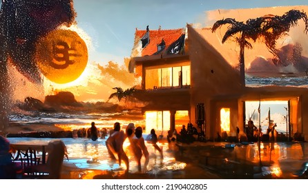 Abstract Bitcoin Oligarchs Sunset Mansion Party 