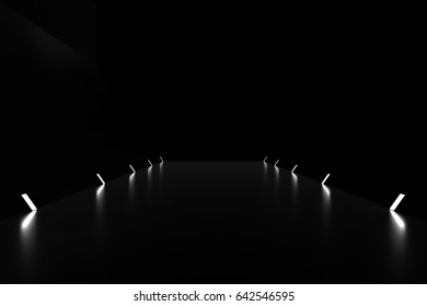 Abstract black background with glow light lamp on floor. 3d rendering.