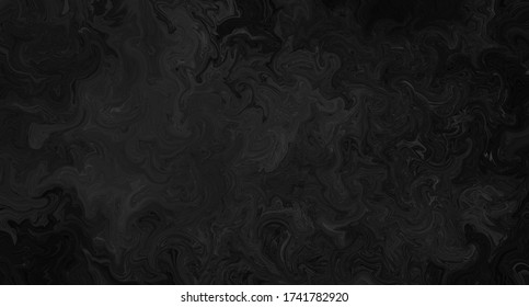 Abstract black background with marbled texture pattern in elegant fancy design, wavy swirls and curled marbled pattern in detailed painted black and white backdrop layout