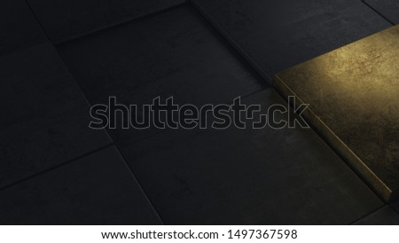 Abstract black concrete cubes pattern background closeup with one golden brick. One of a kind. 3d Illustration